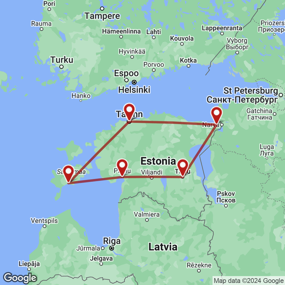 Route for Tallinn, Saaremaa, Parnu, Tartu, Narva, Tallinn tour